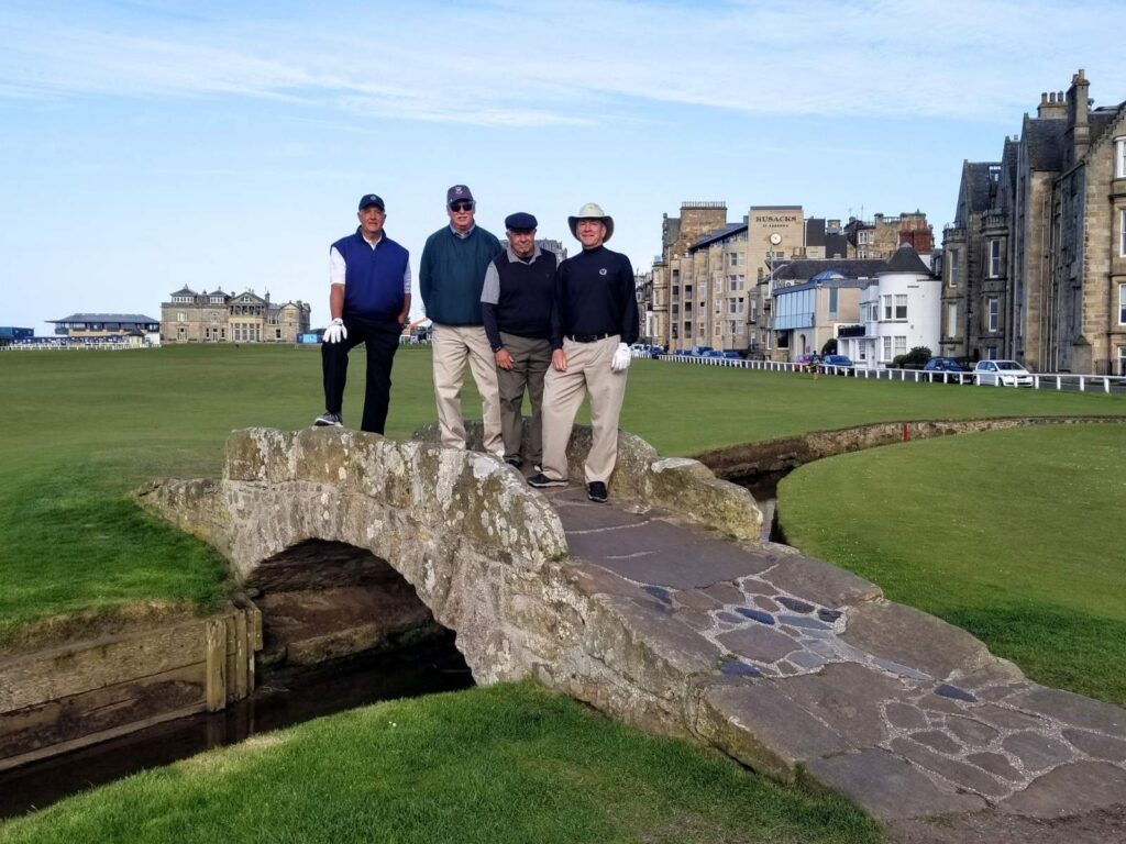 The Expedition led by Johnny Starling crosses the most famous little bridge in golf.