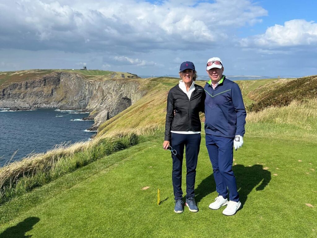 Jackie & Jerry Ryan from Pinehurst Country Club take in the stunning view from the 12th tee at Old Head Golf Links.
