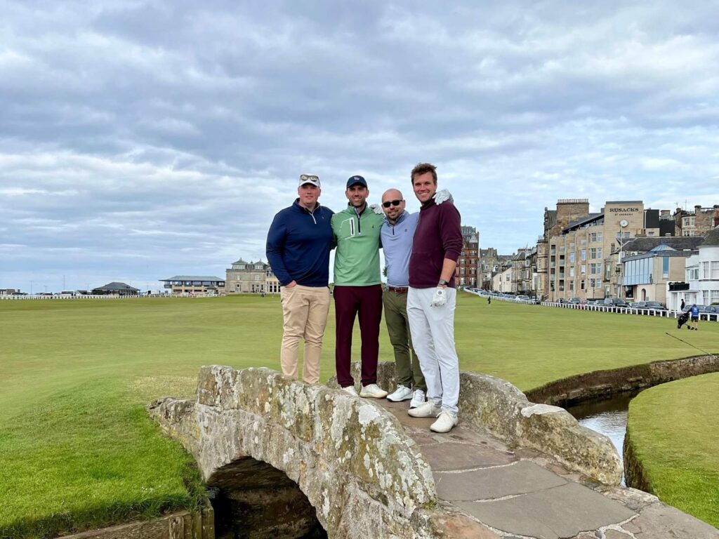 The Expedition led by Ian Haas from Canoe Brook Country Club and Hamilton Farm Golf Club on the Swilcan Bridge.