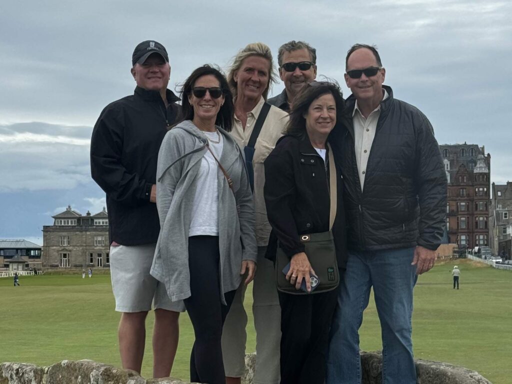Group Captain Robert Frick and Friends from Knollwood Country Club on The Swilcan Bridge.