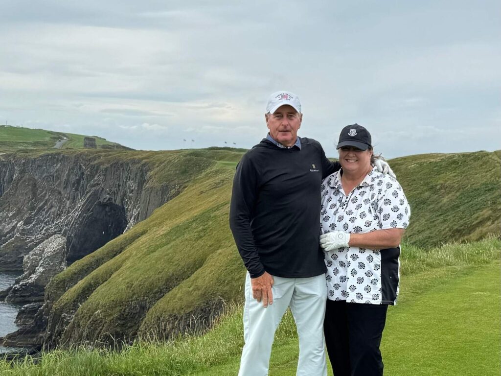 Steve & Diane Campbell from Grasslands Golf & Country Club enjoy the view from the 12th tee at Old Head Golf Links.