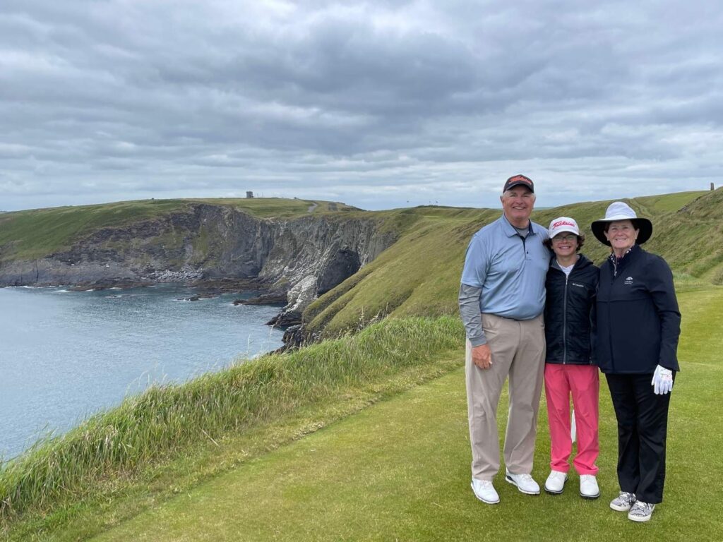 110 Dave, Miles, and Barb Kuhl from Boulder Country Club on the 12th tee at Old Head Golf Links