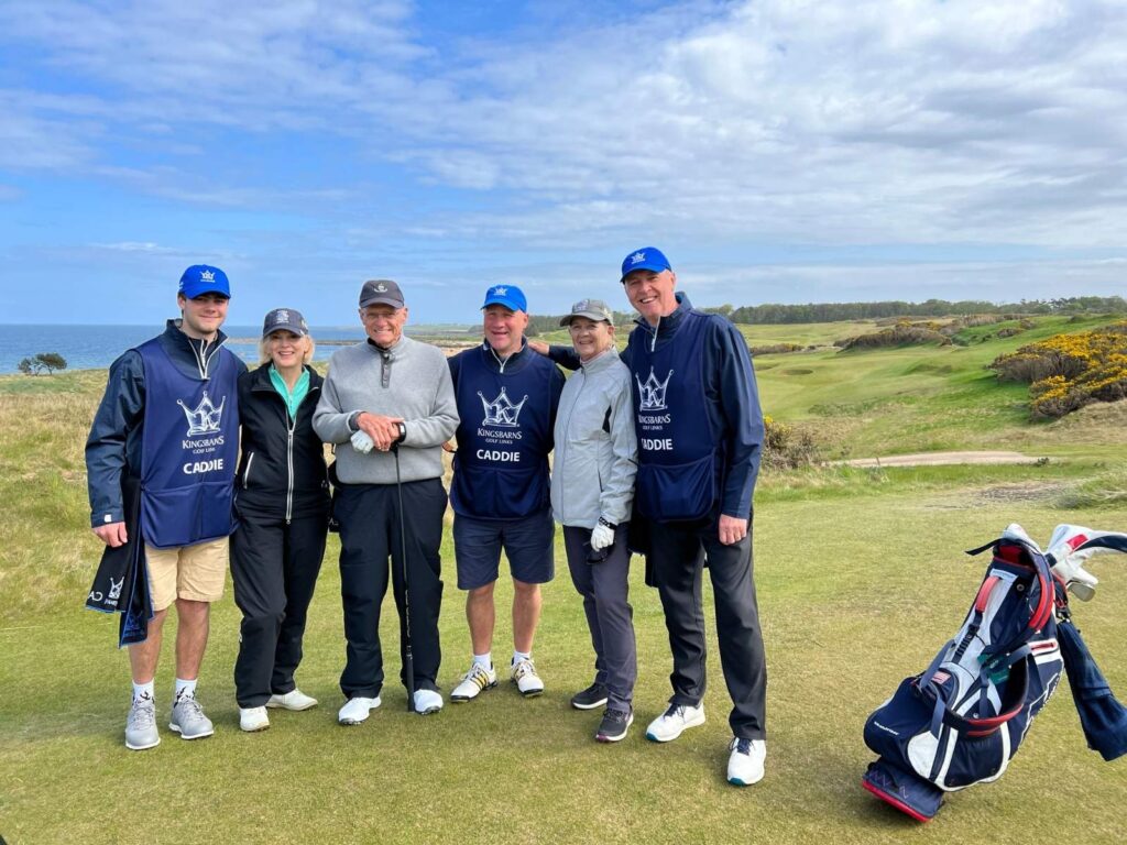 115 Linda and Randy Seiner with Carol Diedrichs and the intrepid caddies at Kingsbarns Golf Links