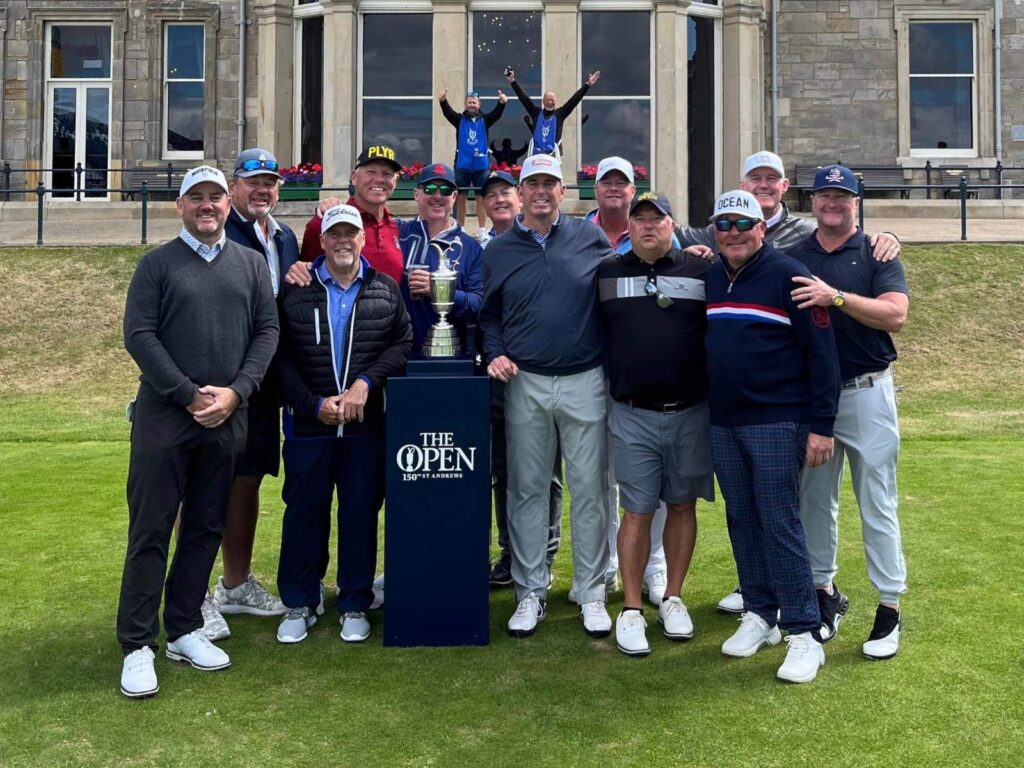 123 Group Captain Mike Snyder and Friends from The Country Club at Muirfield Village with a famous piece of history in St. Andrews