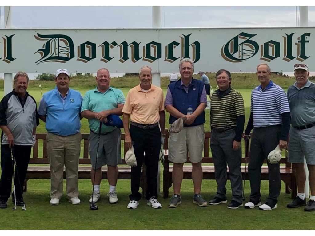 The Expedition led by David Kelly from Kenwood Golf & Country Club and Pinehurst Country Club on the 1st tee at Royal Dornoch