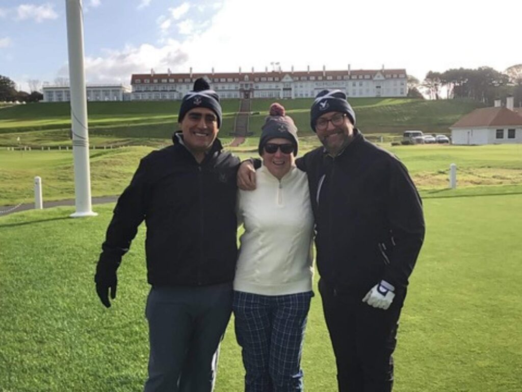 Sina Toussi, Carol Ammon, and Joe Desimone at Turnberry, as captured by Group Captain Marie Pinizzotto of Bidermann Golf Club