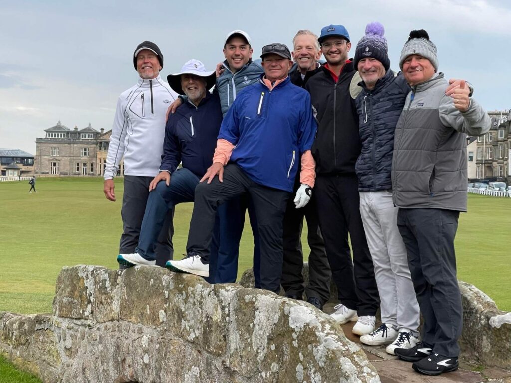 92 Group Captain Bobby Krugman and Friends from Royal Melbourne Country Club on the Swilcan Bridge