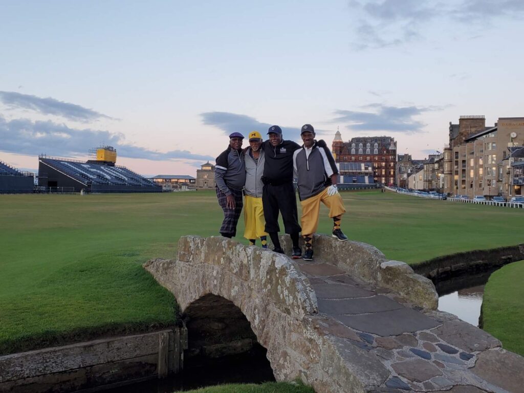 95 Group Captain Clyde Henderson and Friends from The Heritage Club on the Swilcan Bridge