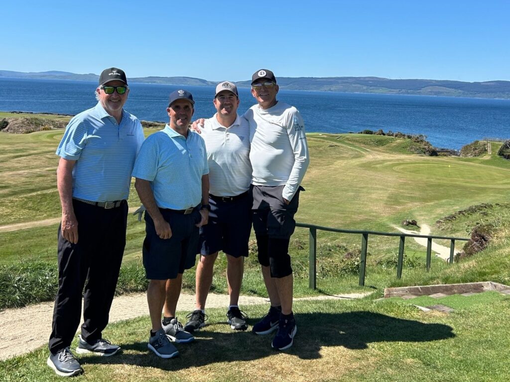 The Expedition led by John Harris from San Diego Country Club on the 4th tee at Shiskine.