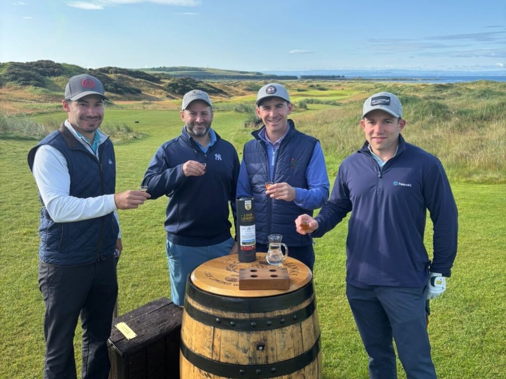 Group Captain Eric Sharoky and Friends from Hayfields Country Club enjoy a “wee nip” to start the day at Dumbarnie Links.