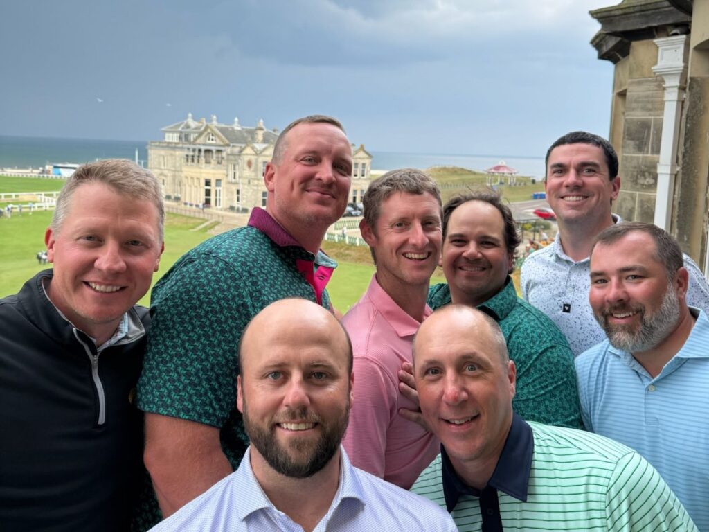 Group Captain Tom Knudtson and Friends from Dubuque Golf & Country Club enjoy the view from the St. Andrews Golf Club.