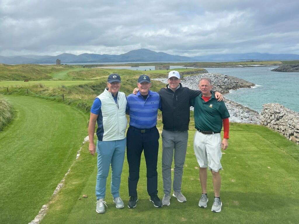 The Expedition led by Tom Barnett on the 3rd tee at Tralee Golf Links.