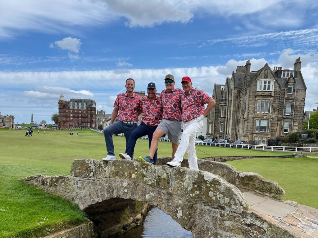 The Expedition led by Neil Willian from the Meadow Club strikes a memorable pose on the Swilcan Bridge.