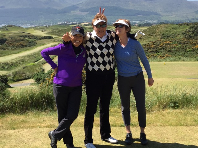Judy Preston, Jackie Keller, and Jana Jones from St. Petersburg Country Club share a laugh at Royal County Down. 